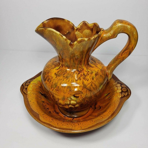 Vintage Retro Cal Style 1108 Orange Drip Glaze Studio Pottery Pitcher Bowl Set - Picture 1 of 12